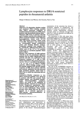 Lymphocyte Responses to DR1/4 Restricted Ann Rheum Dis: First Published As 10.1136/Ard.53.3.171 on 1 March 1994