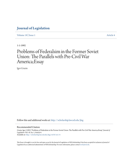Problems of Federalsim in the Former Soviet Union: the Ap Rallels with Pre-Civil War America;Essay Igor Grazin