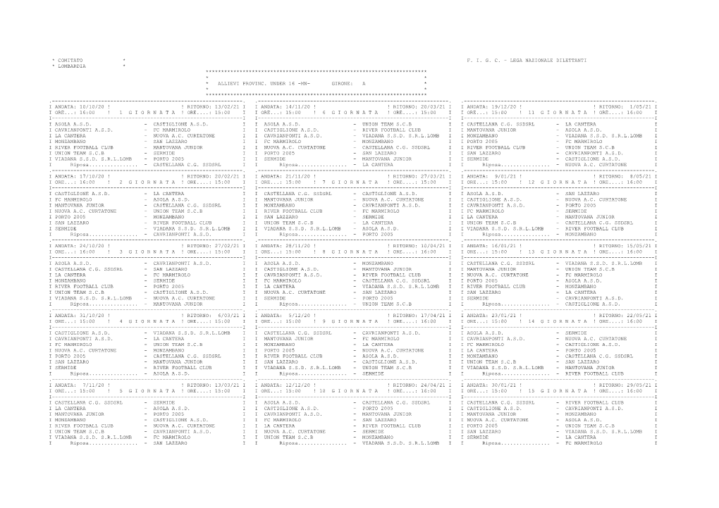 Comitato * F. I. G. C. - Lega Nazionale Dilettanti * Lombardia * ************************************************************************ * * * Allievi Provinc