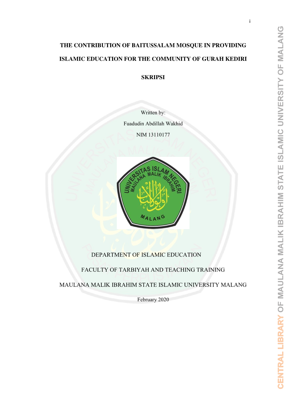 The Contribution of Baitussalam Mosque in Providing Islamic Education for the Community of Gurah Kediri Skripsi Department of Is