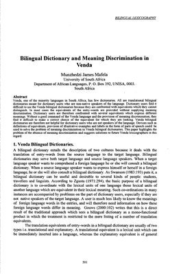 Bilingual Dictionary and Meaning Discrimination in Venda Mvuizhedzi James Mafela University of South Africa Department Ofafrican Languages, P