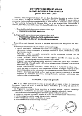 CONTRACT COLECTIV DE MUNCA LA NIVEL DE RAMURA MASS-MEDIA Pentru Anul 2006 - 2007