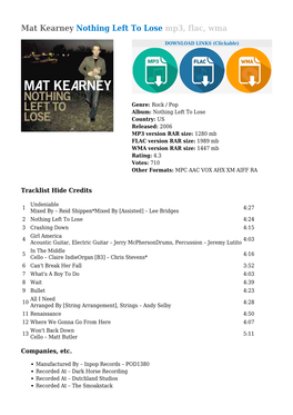 Mat Kearney Nothing Left to Lose Mp3, Flac, Wma