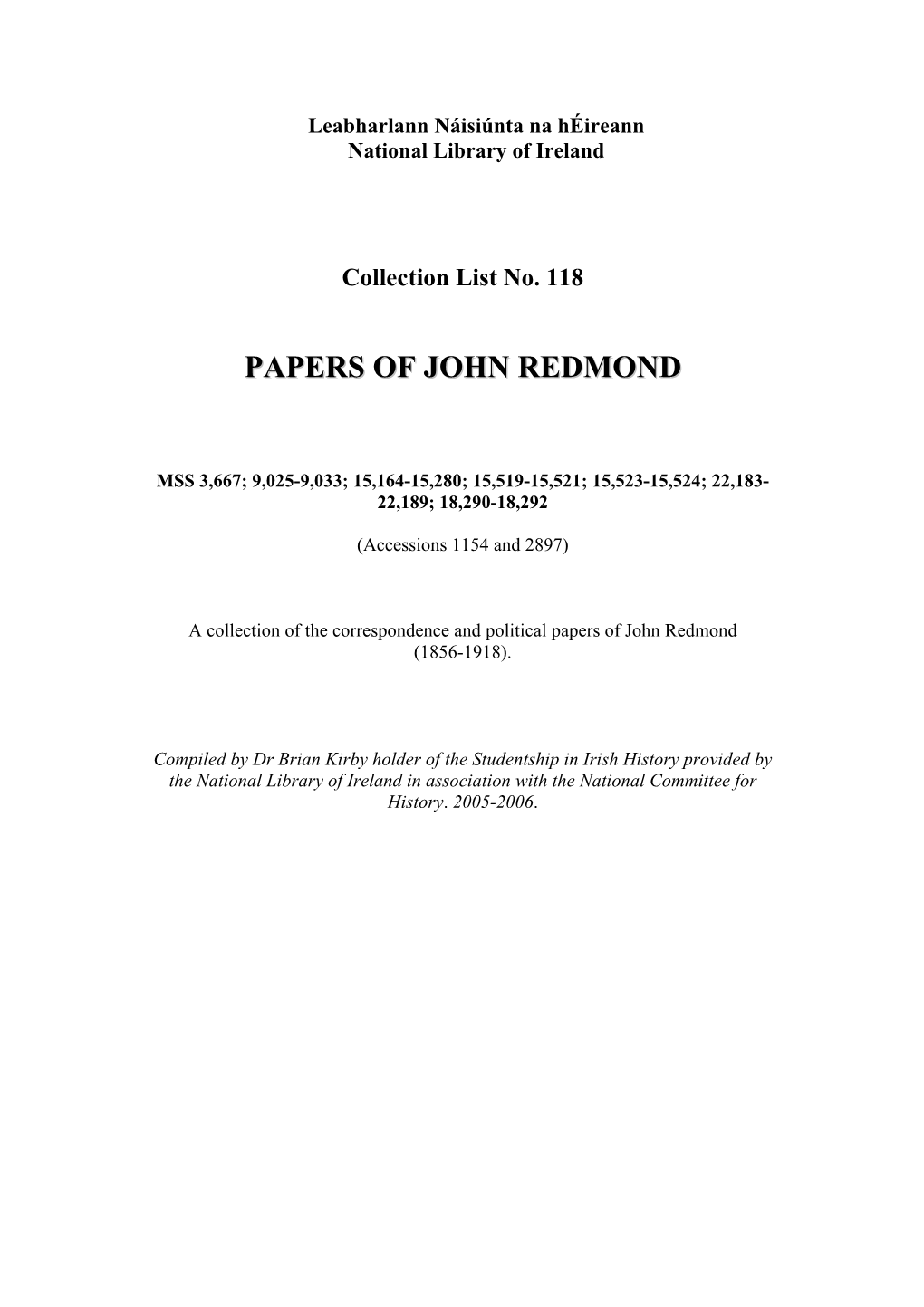 Papers of John Redmond