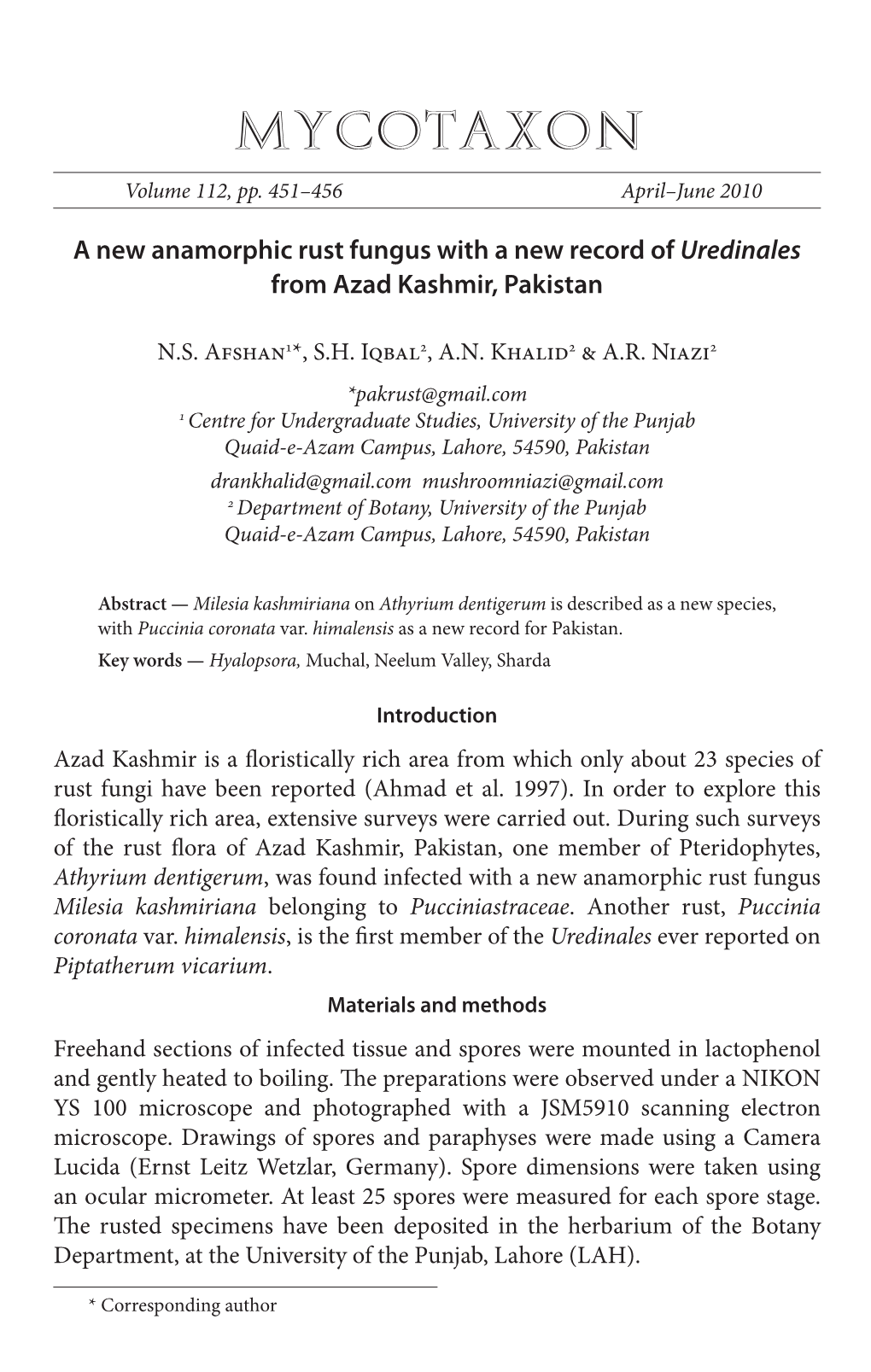 A New Anamorphic Rust Fungus with a New Record of Uredinales from Azad Kashmir, Pakistan