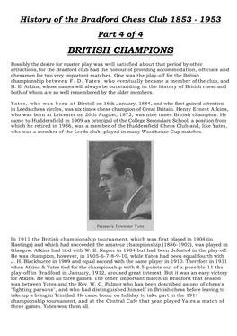 History of the Bradford Chess Club 1853 - 1953 Part 4 of 4 BRITISH CHAMPIONS