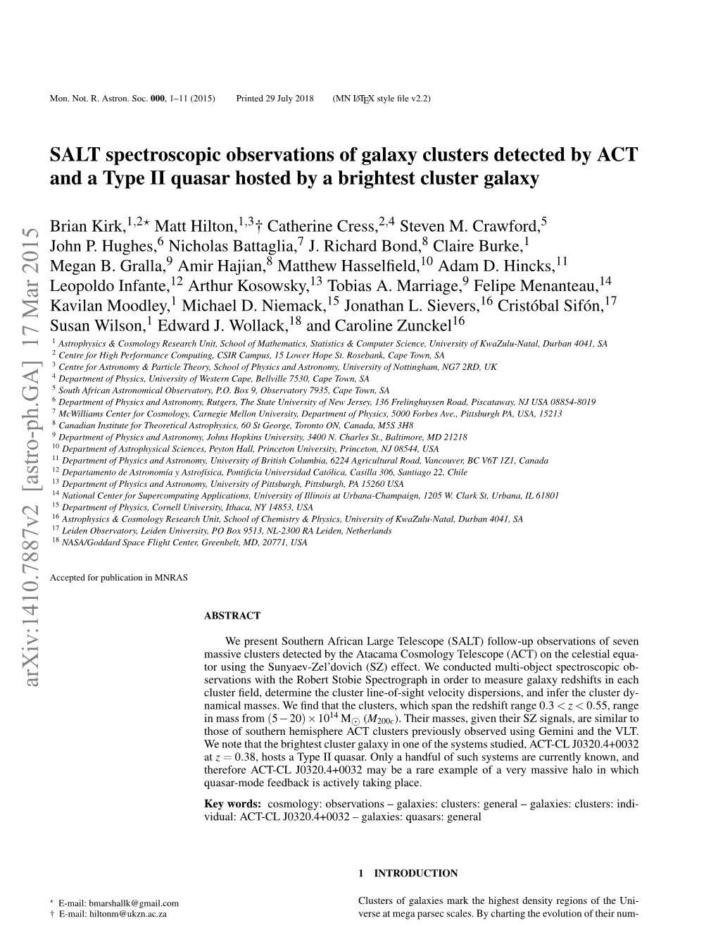 SALT Spectroscopic Observations of Galaxy Clusters Detected by ACT and a Type II Quasar Hosted by a Brightest Cluster Galaxy