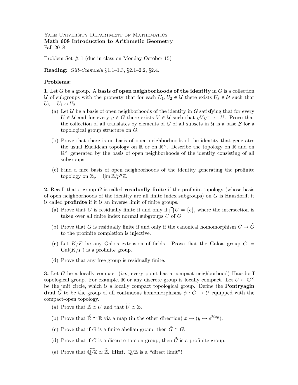 Math 608 Introduction to Arithmetic Geometry Fall 2018 HW 1