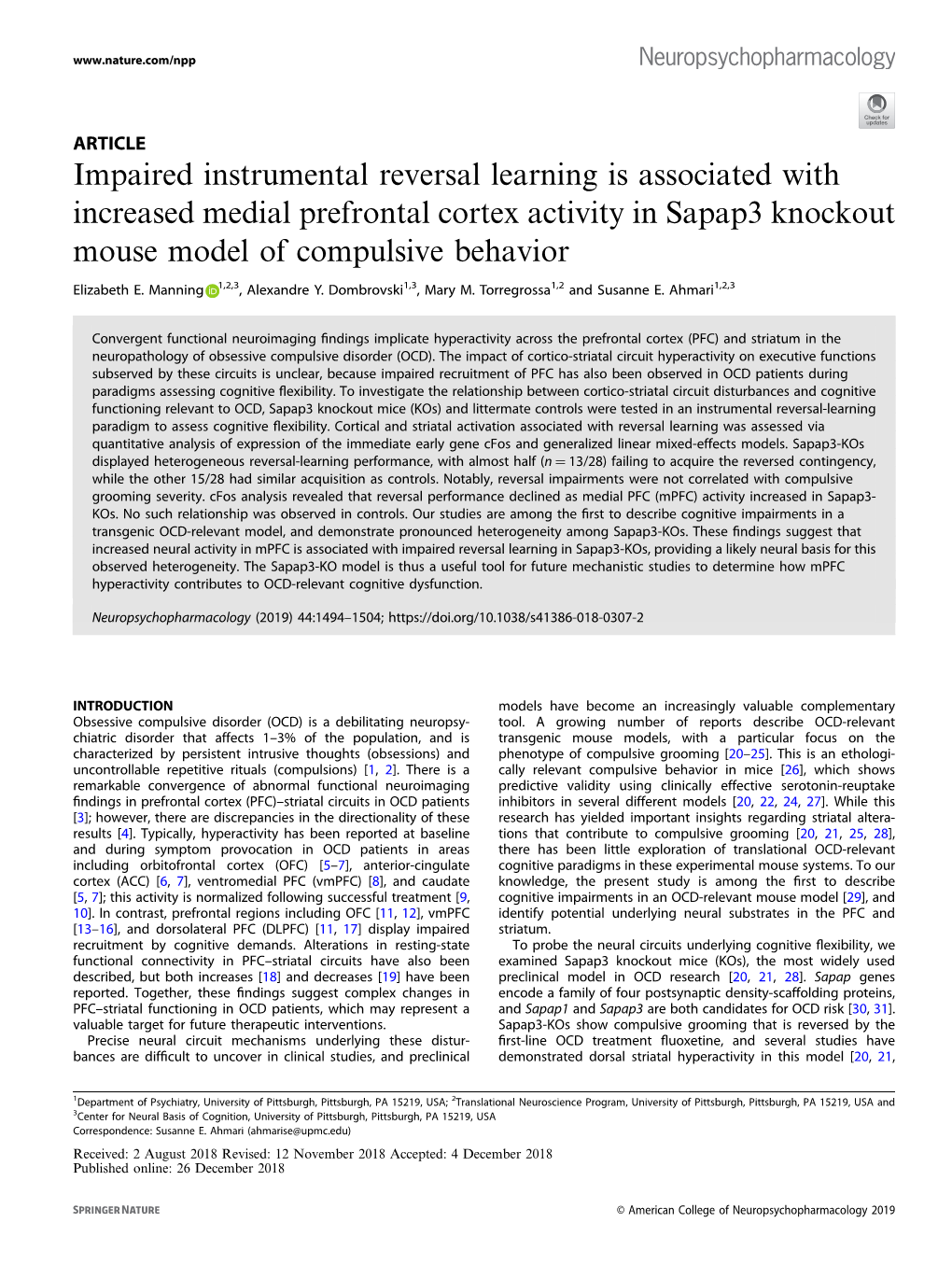 Impaired Instrumental Reversal Learning Is Associated with Increased Medial Prefrontal Cortex Activity in Sapap3 Knockout Mouse Model of Compulsive Behavior