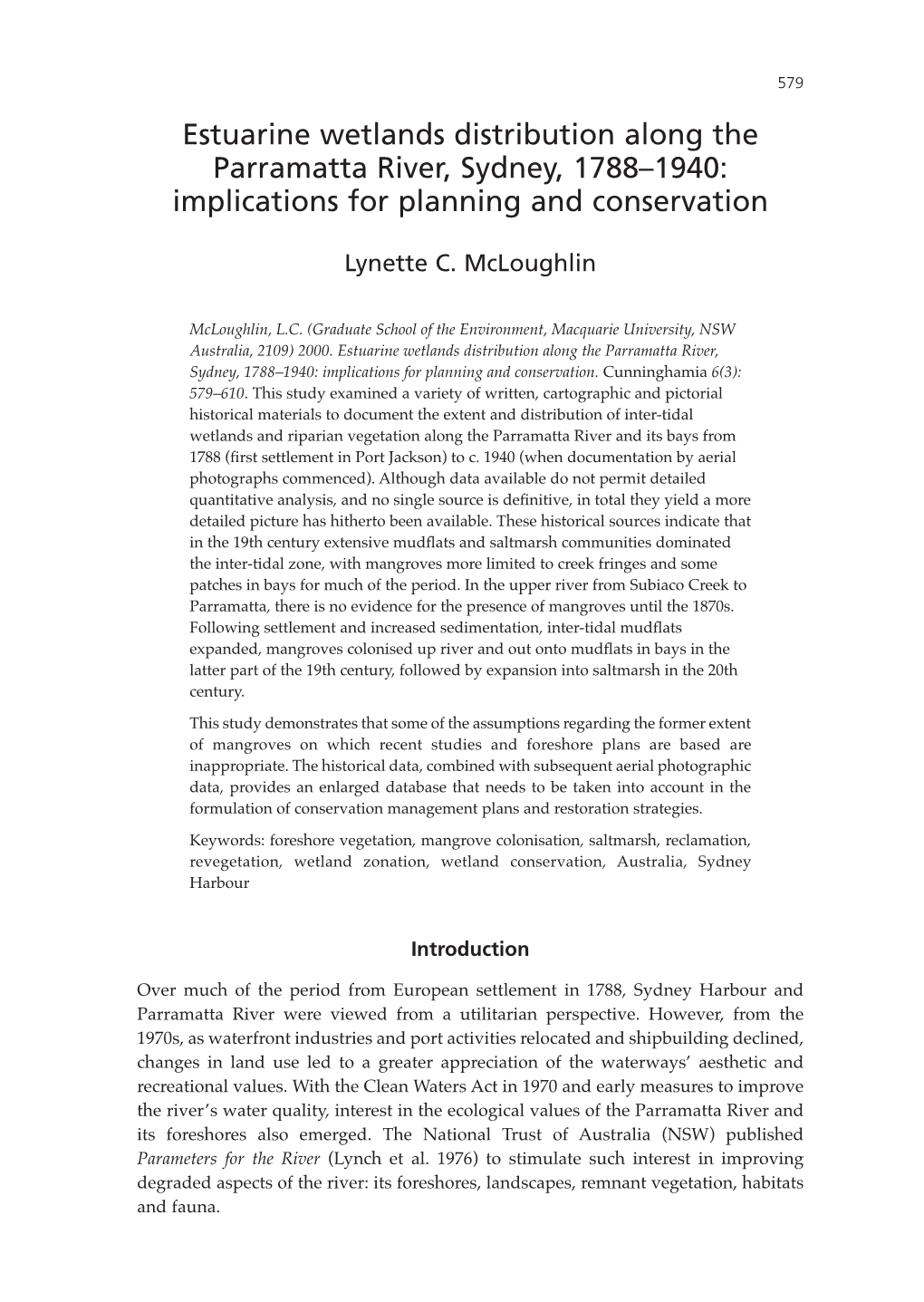 Estuarine Wetlands Distribution Along the Parramatta River, Sydney, 1788–1940: Implications for Planning and Conservation