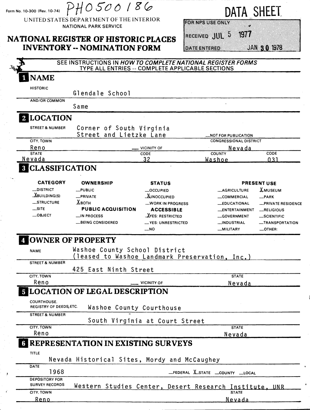 Datasheet. United States Department of the Interior National Park Service National Register of Historic Places Inventory -- Nomination Form