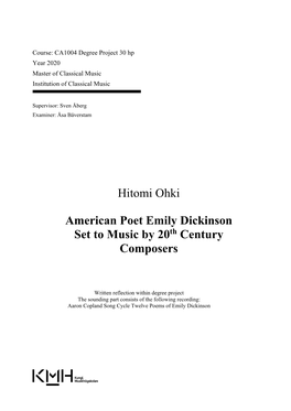American Poet Emily Dickinson Set to Music by 20Th Century Composers