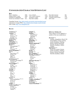 Consolidated Character Options List