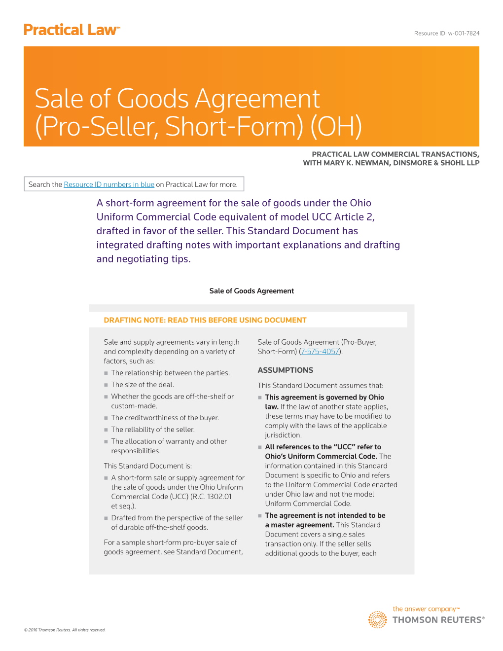 Sale of Goods Agreement (Pro-Seller, Short-Form) (OH)