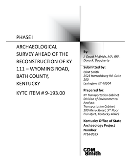 Phase I Archaeological Survey Along KY 111 in Bath County, Kentucky