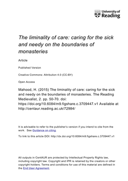 The Liminality of Care: Caring for the Sick and Needy on the Boundaries of Monasteries