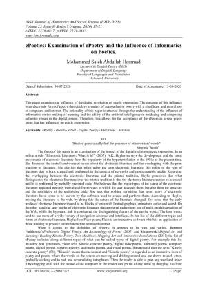 Epoetics: Examination of Epoetry and the Influence of Informatics on Poetics