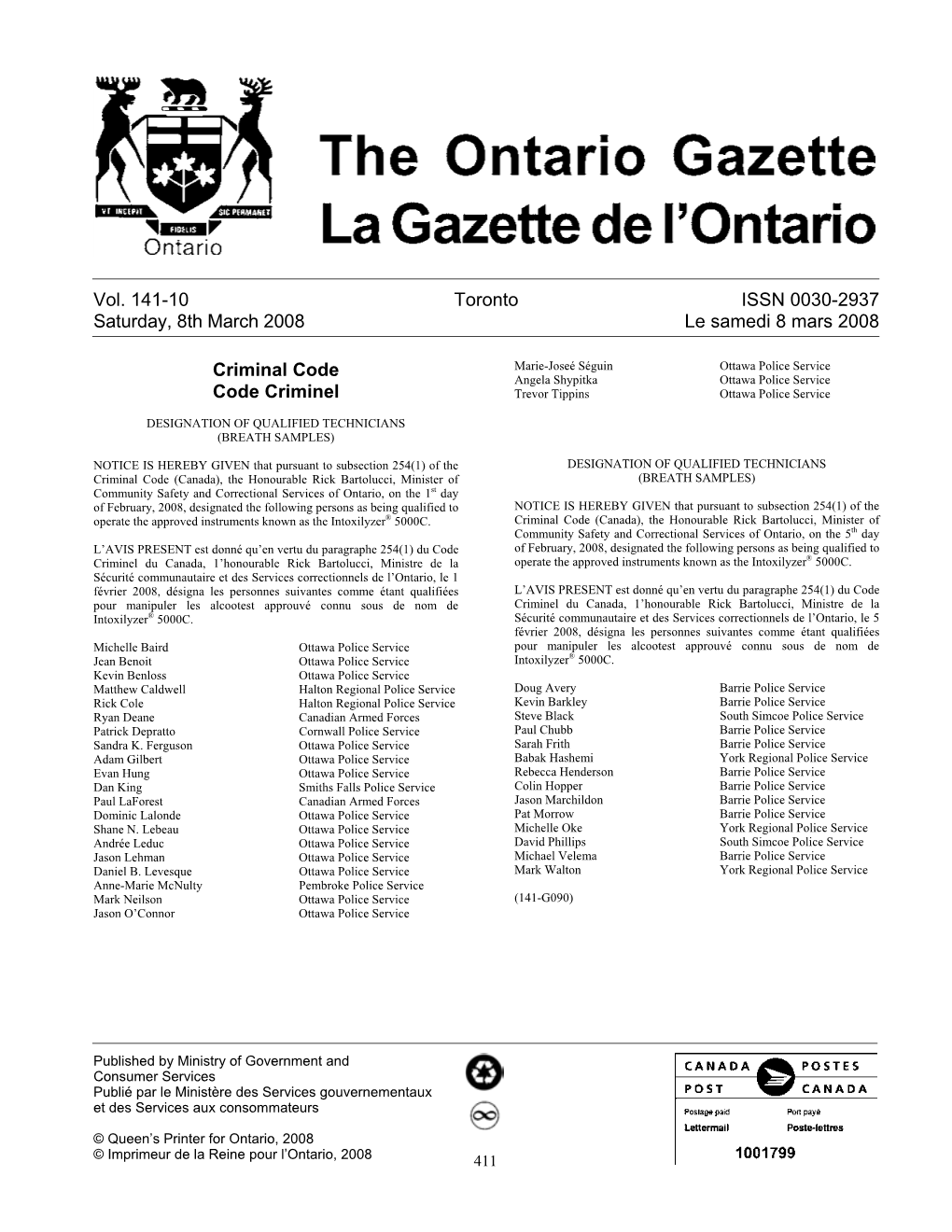 Ontario Gazette Volume 141 Issue 10, La Gazette De L'ontario Volume 141