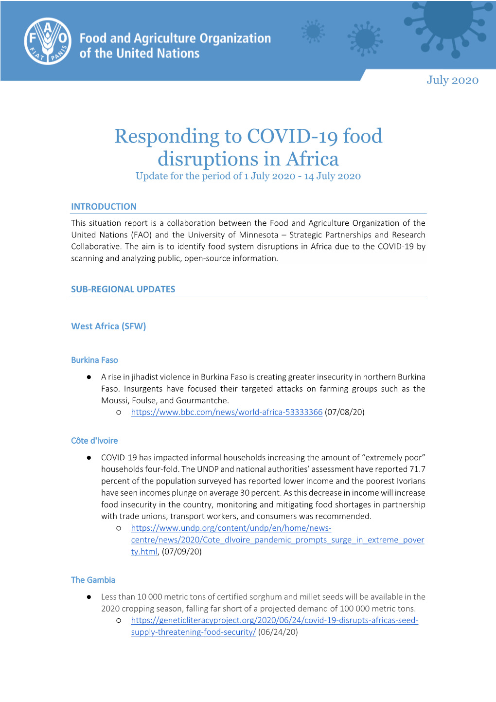 Responding to COVID-19 Food Disruptions in Africa Update for the Period of 1 July 2020 - 14 July 2020