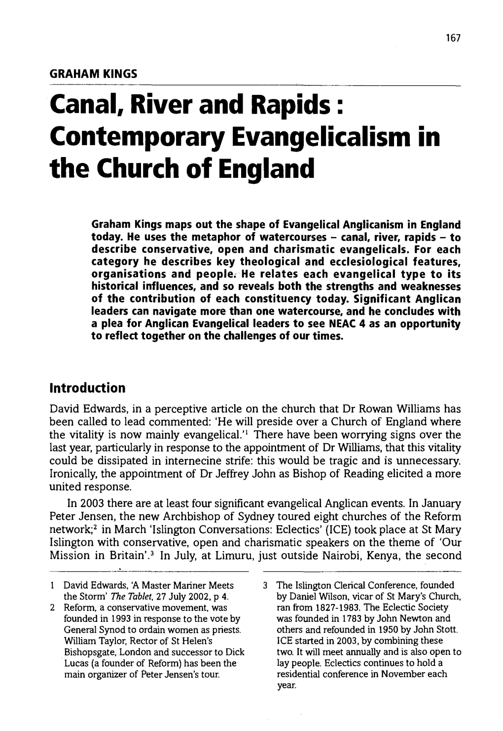 Canal, River and Rapids : Contemporary Evangelicalism in the Church of England