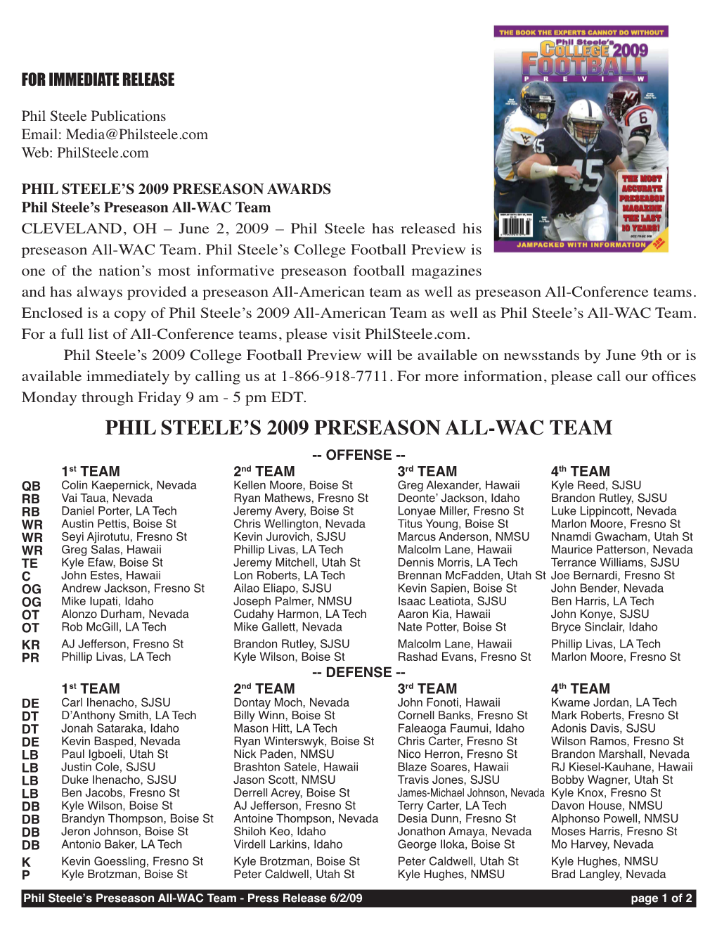Phil Steele's 2009 Preseason All-Wac Team