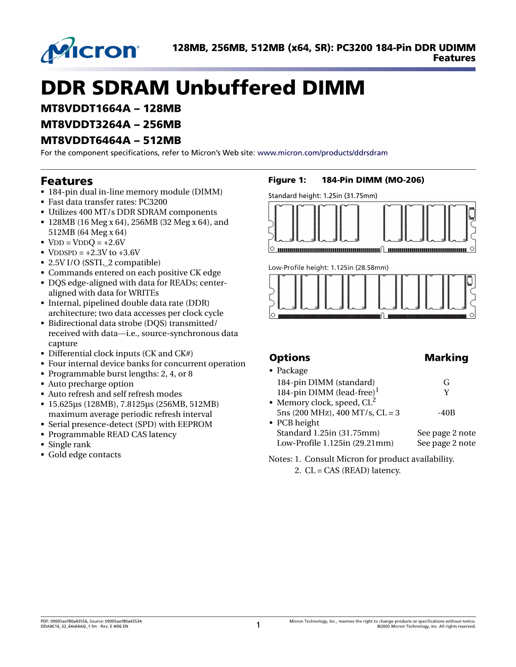 (X64, SR) 184-Pin DDR UDIMM Data Sheet
