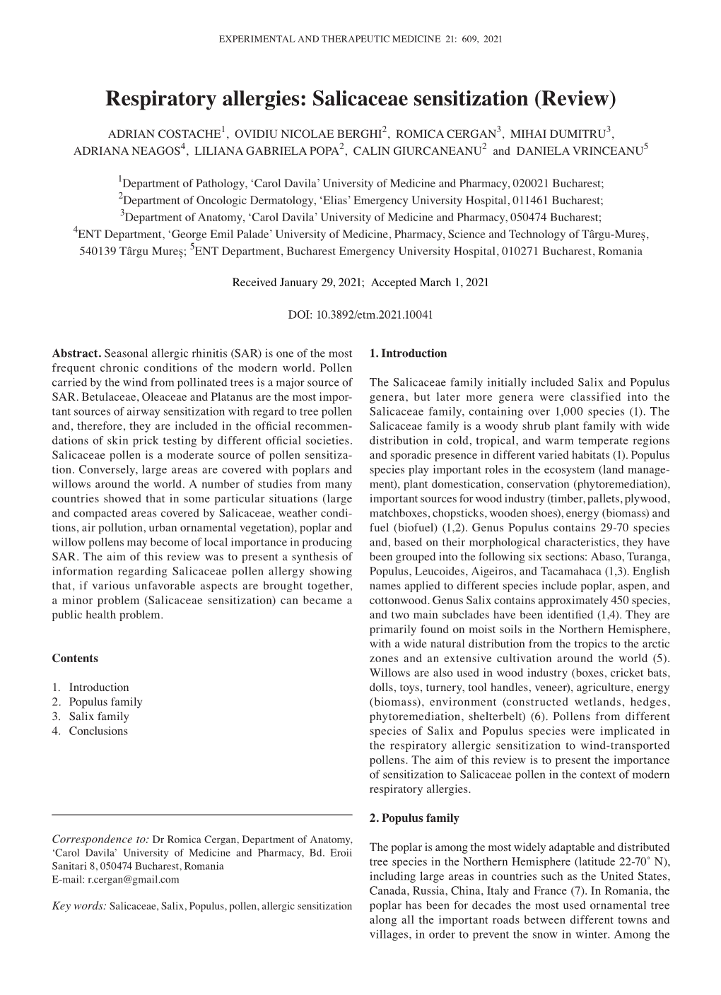 Respiratory Allergies: Salicaceae Sensitization (Review)