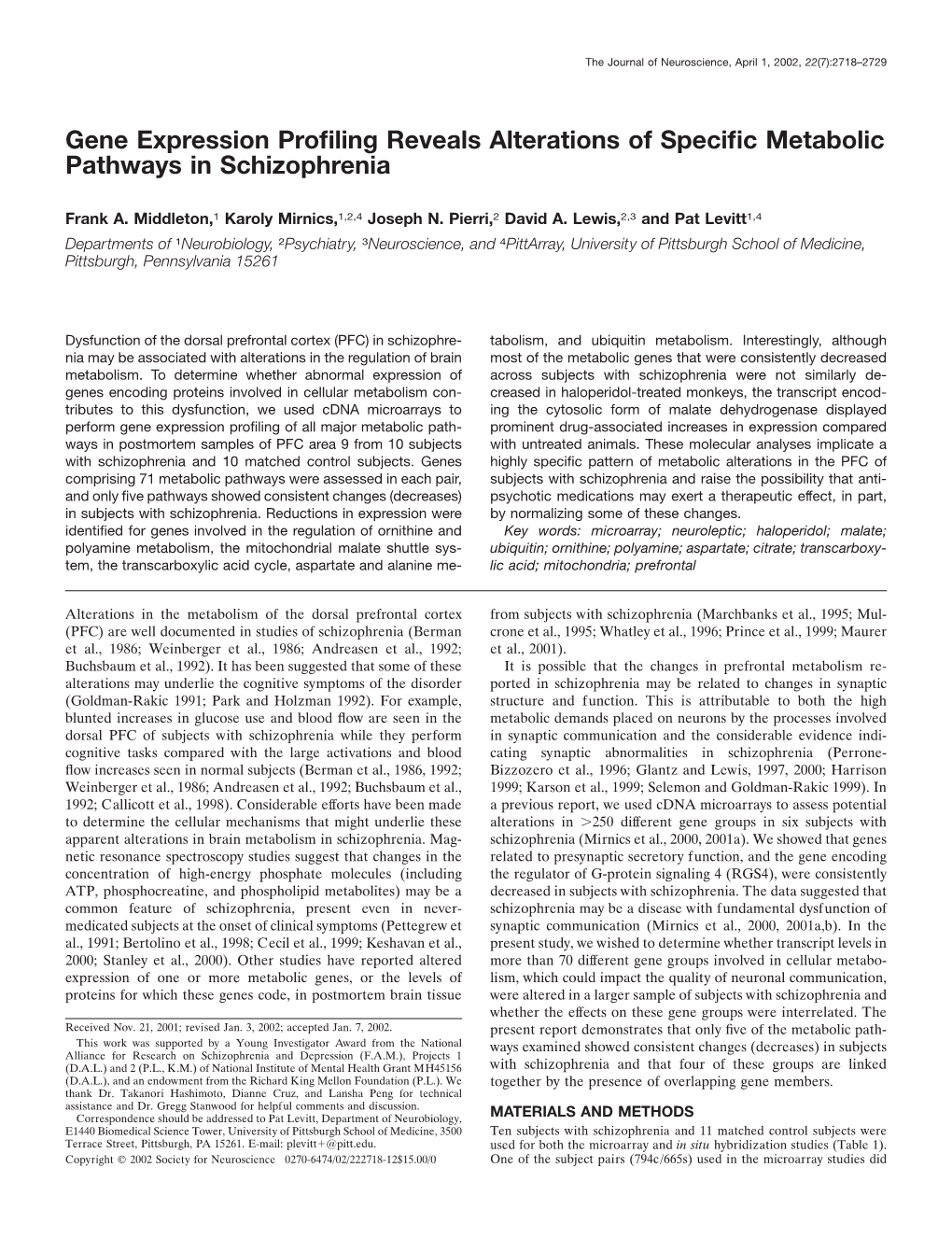 Gene Expression Profiling Reveals Alterations of Specific Metabolic