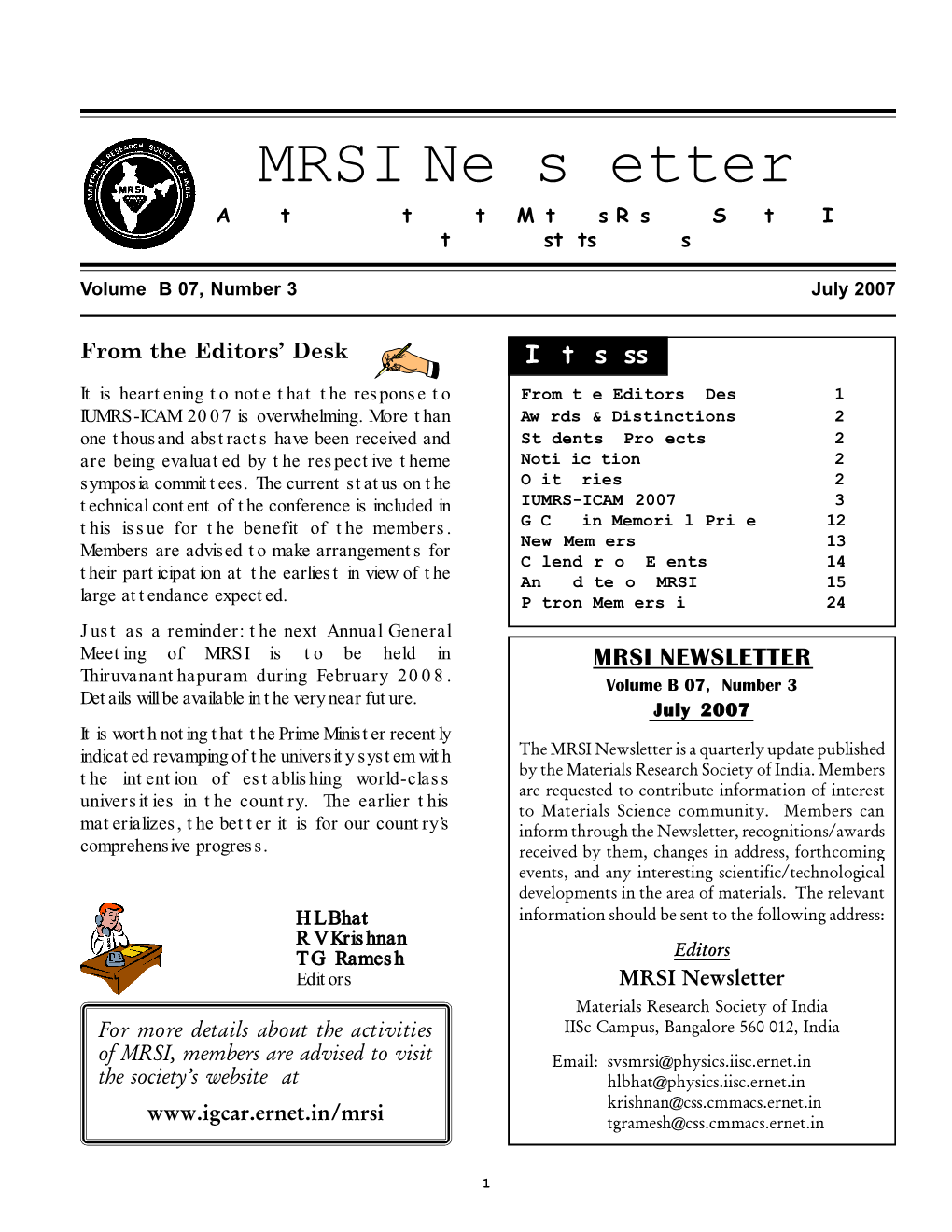 MRSI Newsletter a Quarterly Publication of the Materials Research Society of India for Circulation Amongst Its Members