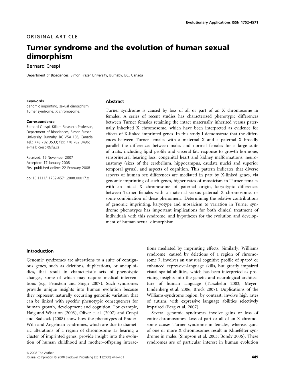 Turner Syndrome and the Evolution of Human Sexual Dimorphism Bernard Crespi