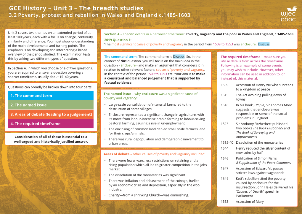 GCE History – Unit 3 – the Breadth Studies 3.2 Poverty, Protest and Rebellion in Wales and England C.1485-1603