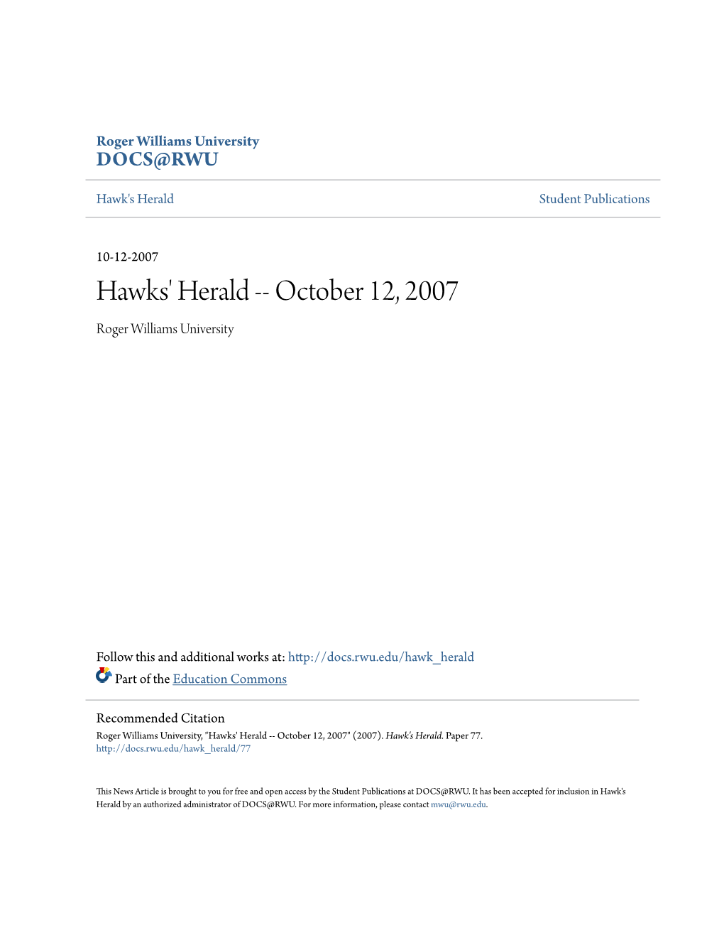 Hawks' Herald -- October 12, 2007 Roger Williams University