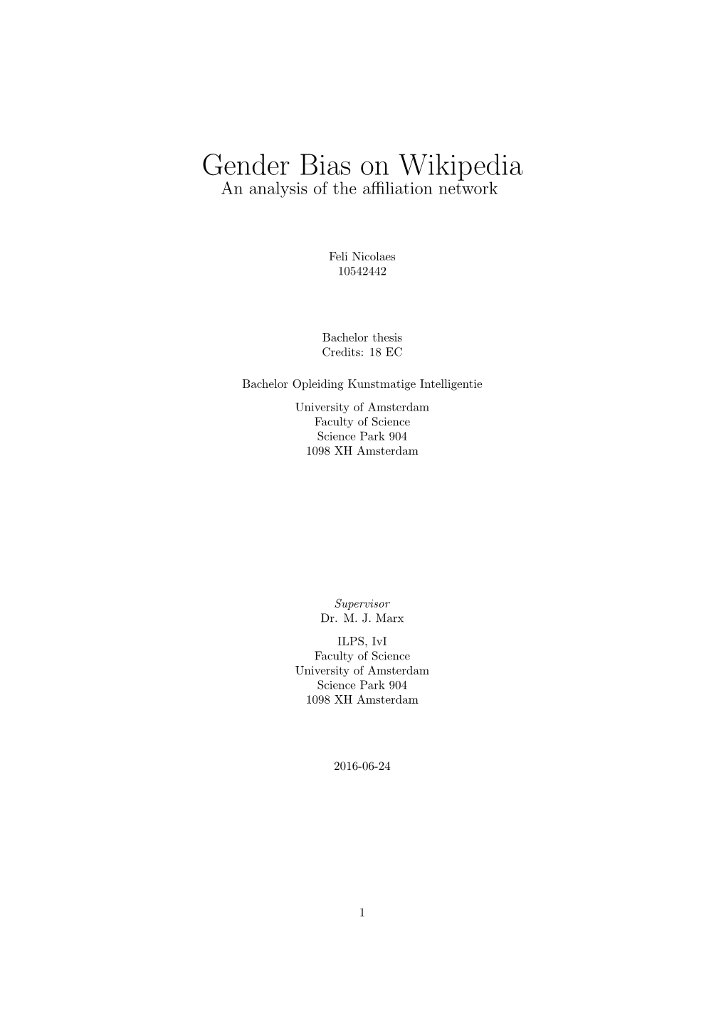 Gender Bias on Wikipedia an Analysis of the Aﬃliation Network
