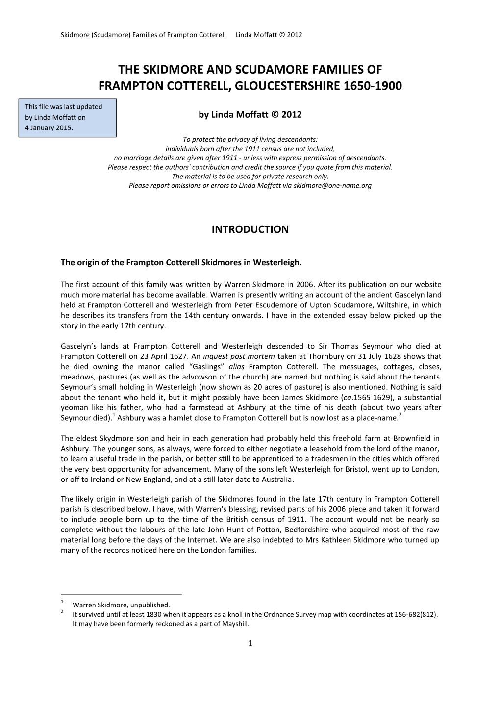 The Skidmore and Scudamore Families of Frampton Cotterell, Gloucestershire 1650-1900