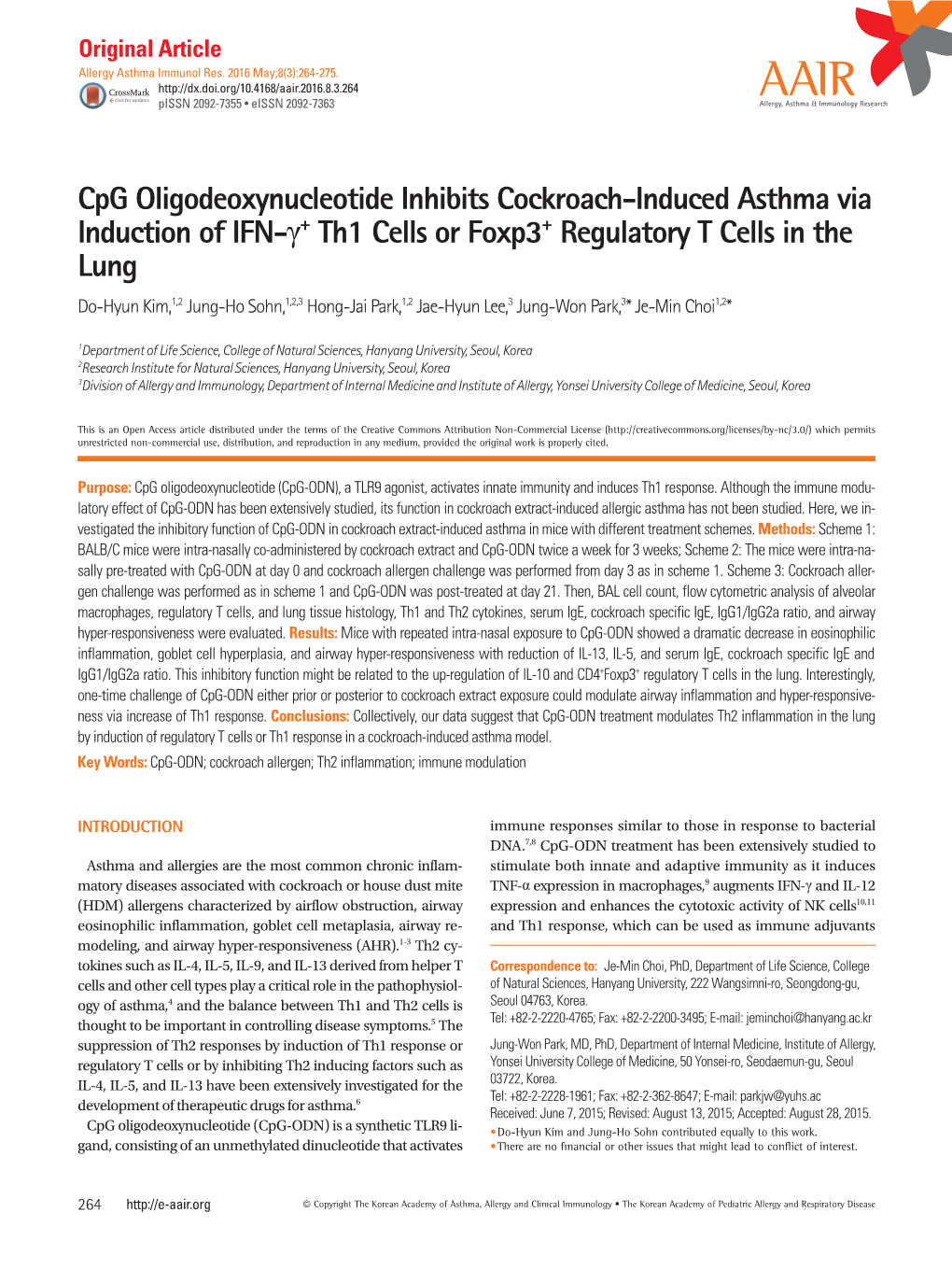 Cpg Oligodeoxynucleotide Inhibits Cockroach-Induced Asthma Via