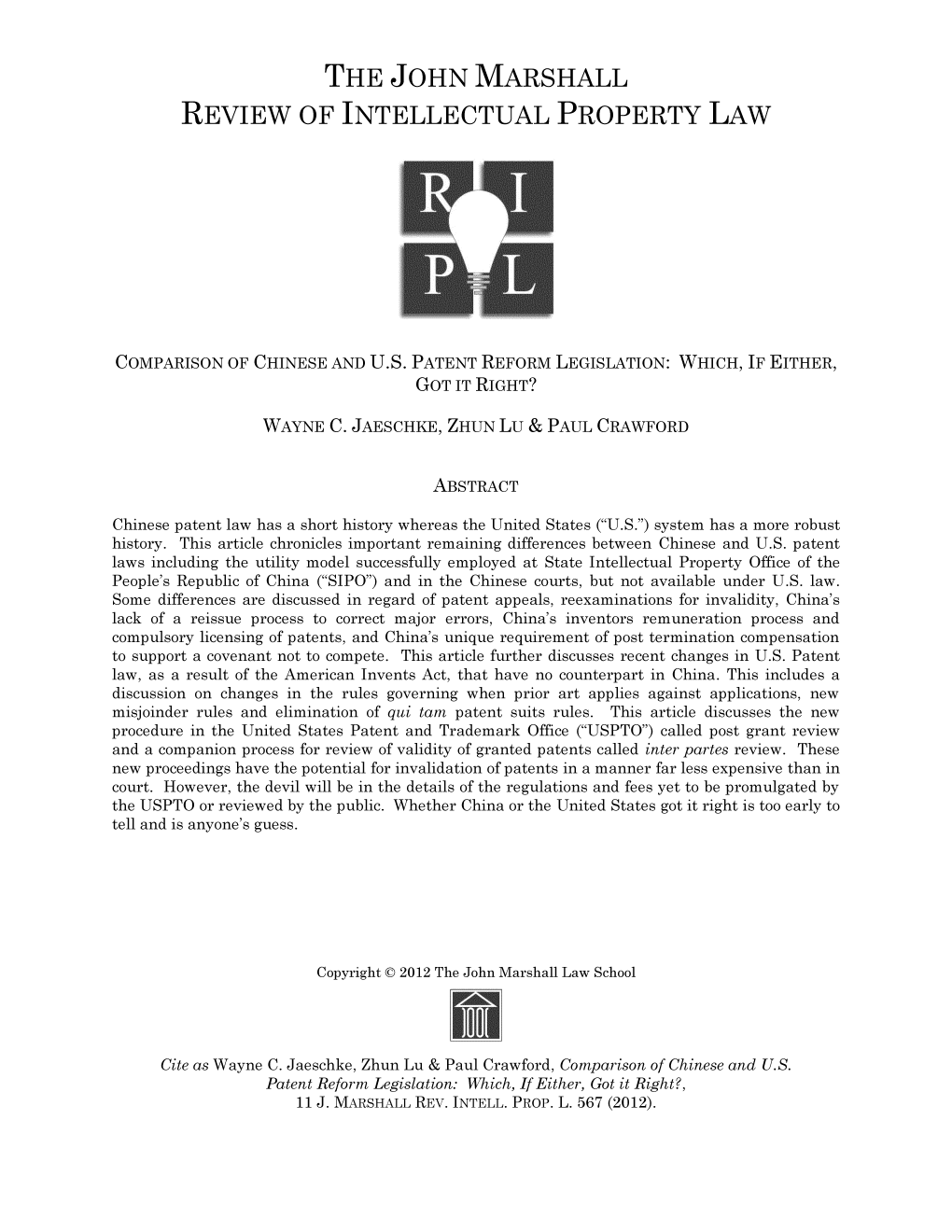 Comparison of Chinese and U.S. Patent Reform Legislation: Which, If Either, Got It Right?