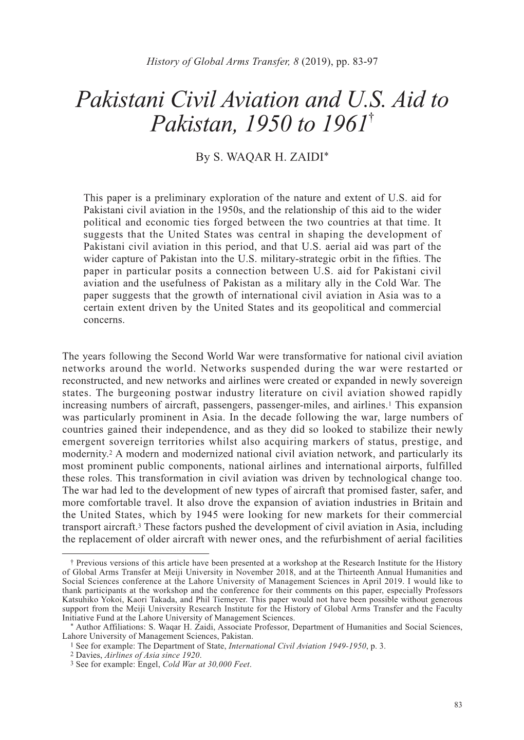 Pakistani Civil Aviation and U.S. Aid to Pakistan, 1950 to 1961†