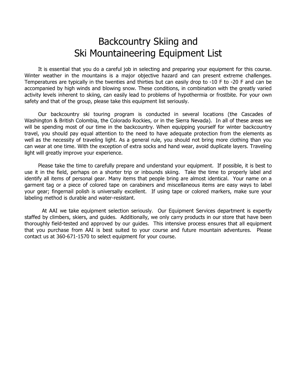 Backcountry Skiing and Ski Mountaineering Equipment List