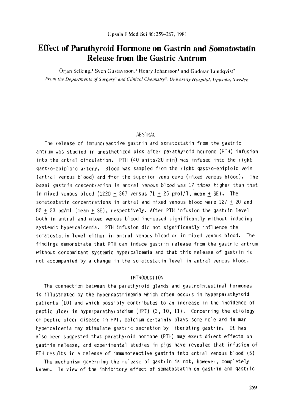 Effect of Parathyroid Hormone on Gastrin and Somatostatin Release from the Gastric Antrum