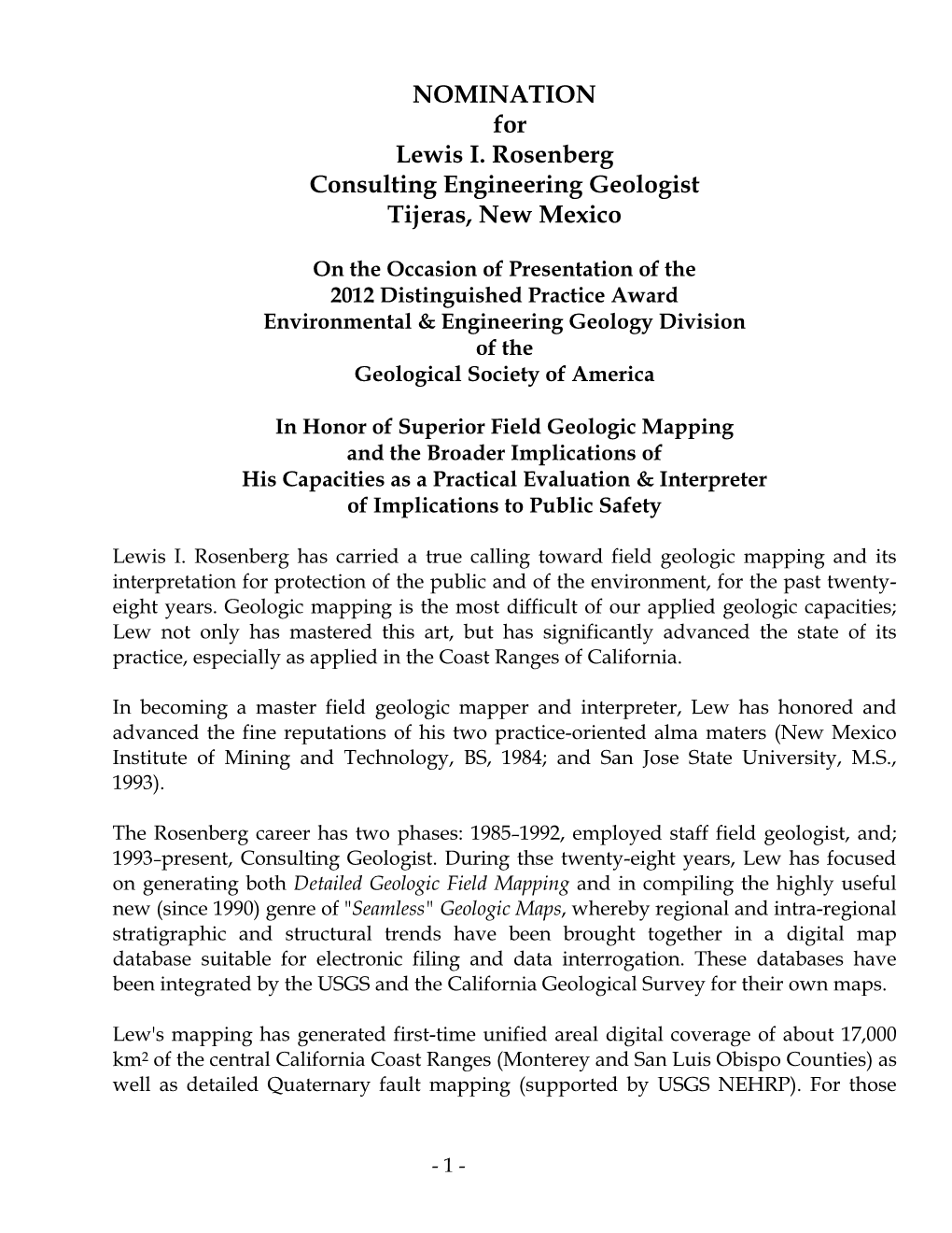 NOMINATION for Lewis I. Rosenberg Consulting Engineering Geologist Tijeras, New Mexico