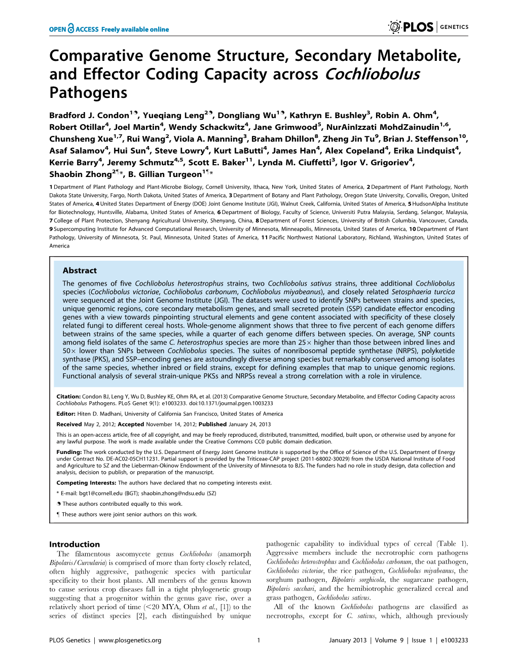 Comparative Genome Structure, Secondary Metabolite, and Effector Coding Capacity Across Cochliobolus Pathogens