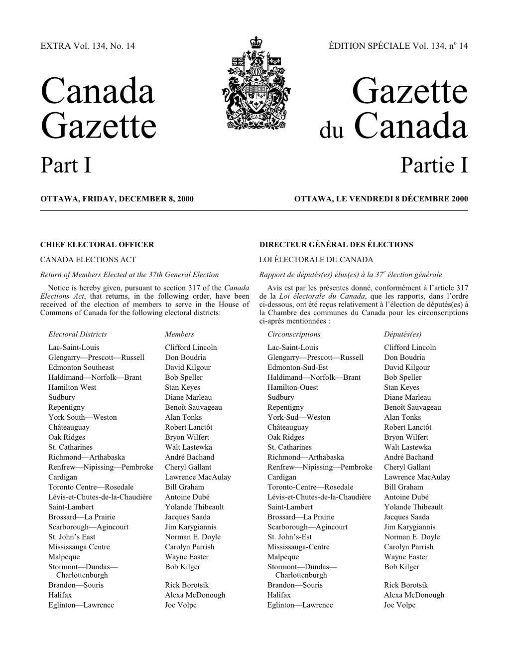 Canada Gazette, Part I, Extra