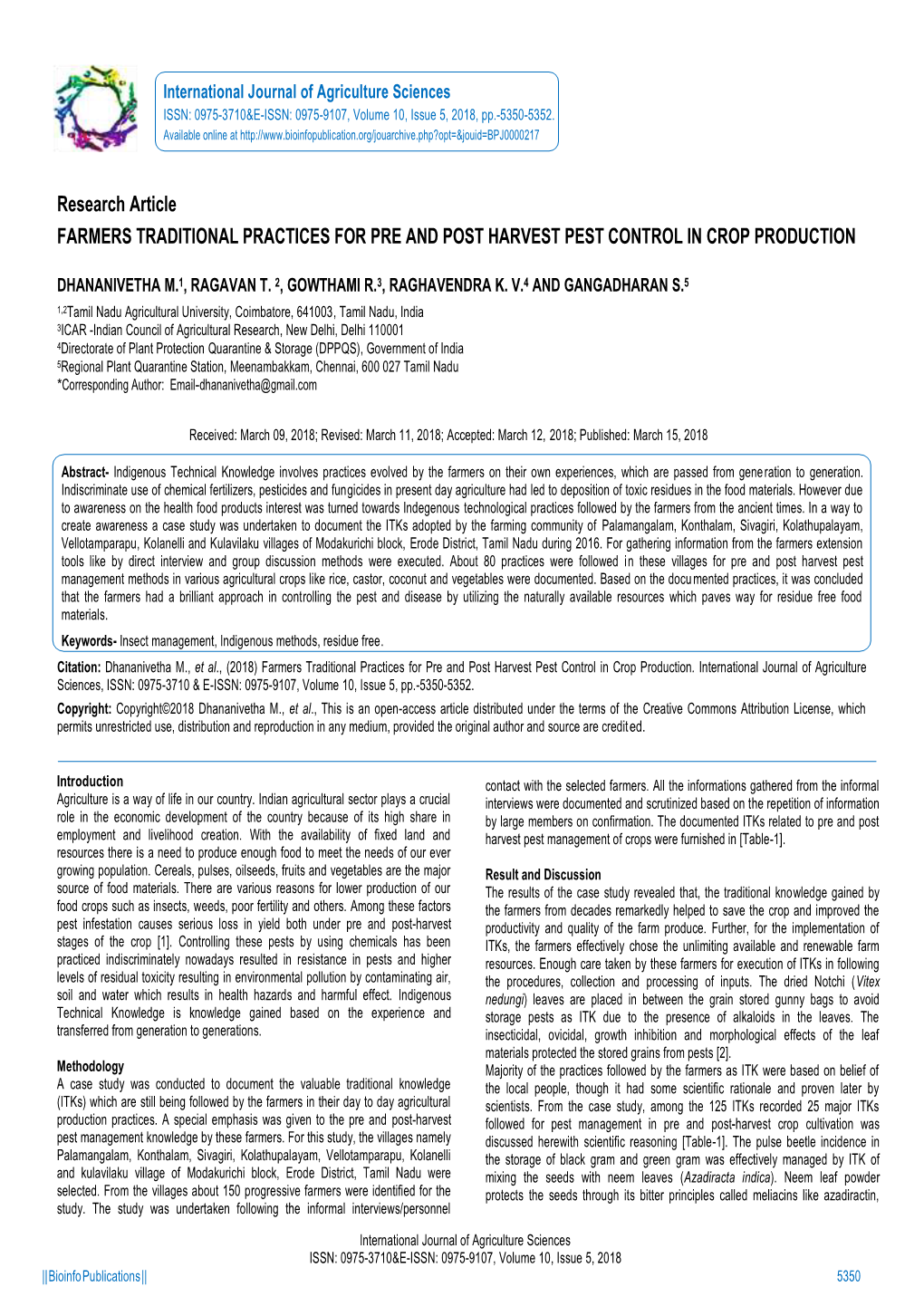 Research Article FARMERS TRADITIONAL PRACTICES for PRE and POST HARVEST PEST CONTROL in CROP PRODUCTION