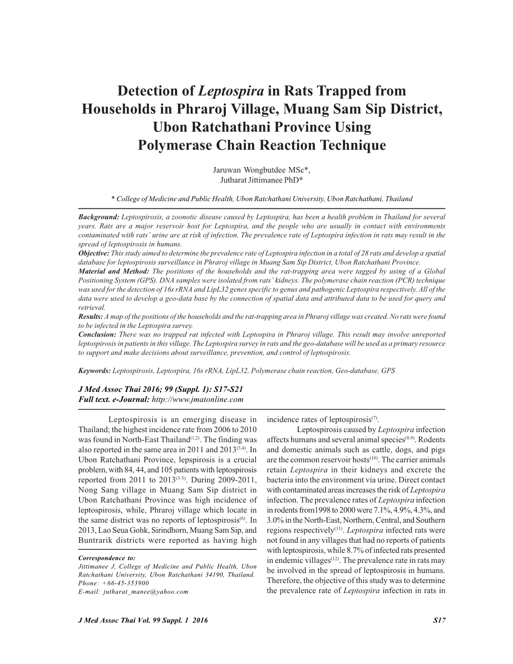 Detection of Leptospira in Rats Trapped from Households In