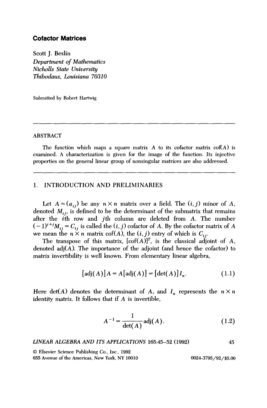 Cofactor Matrices