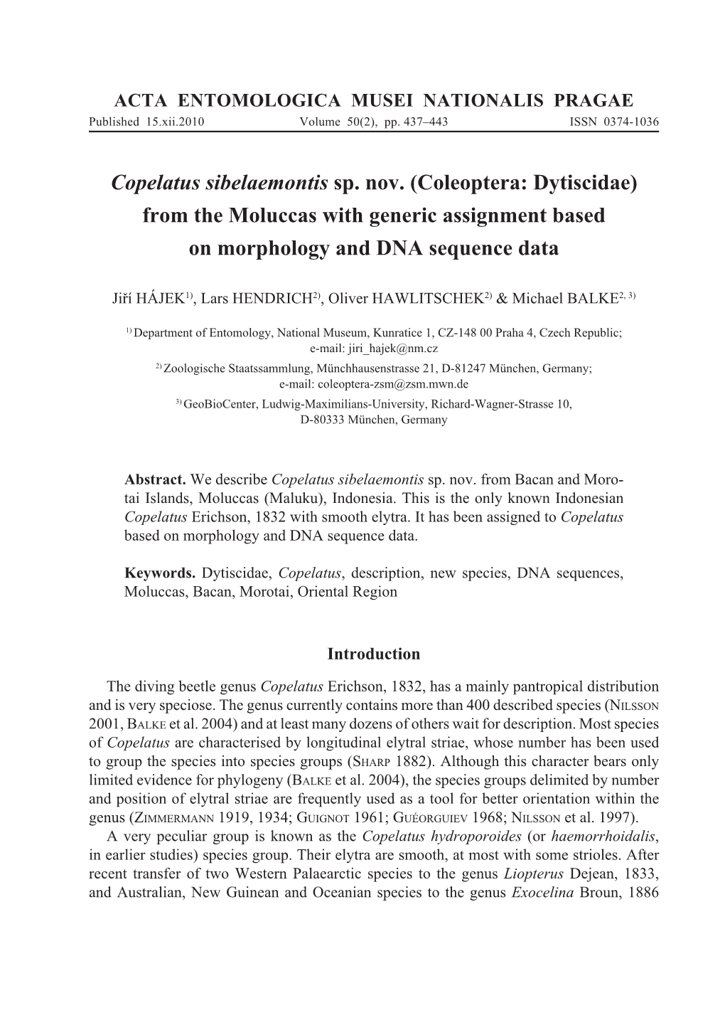 Coleoptera: Dytiscidae) from the Moluccas with Generic Assignment Based on Morphology and DNA Sequence Data