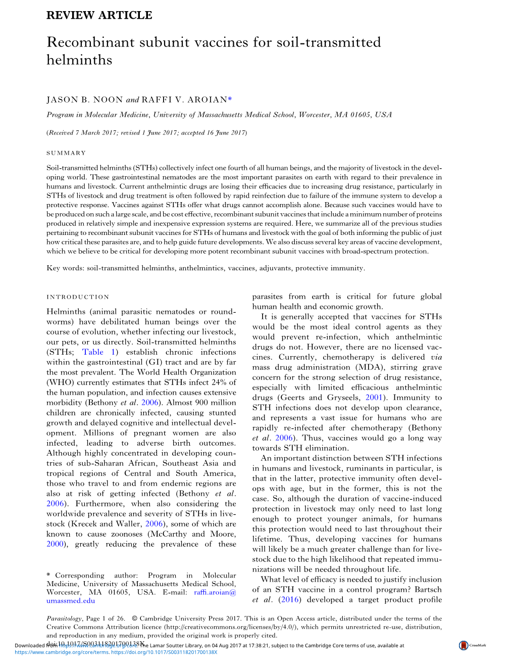 Recombinant Subunit Vaccines for Soil-Transmitted Helminths