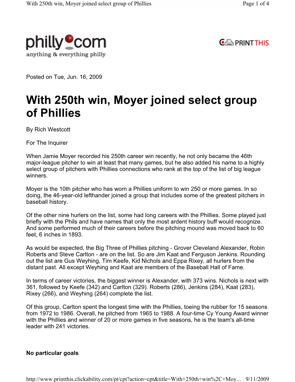 With 250Th Win, Moyer Joined Select Group of Phillies Page 1 of 4