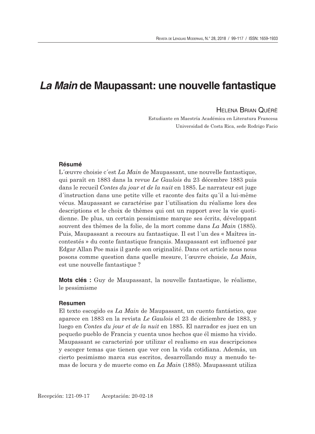 La Main De Maupassant: Une Nouvelle Fantastique