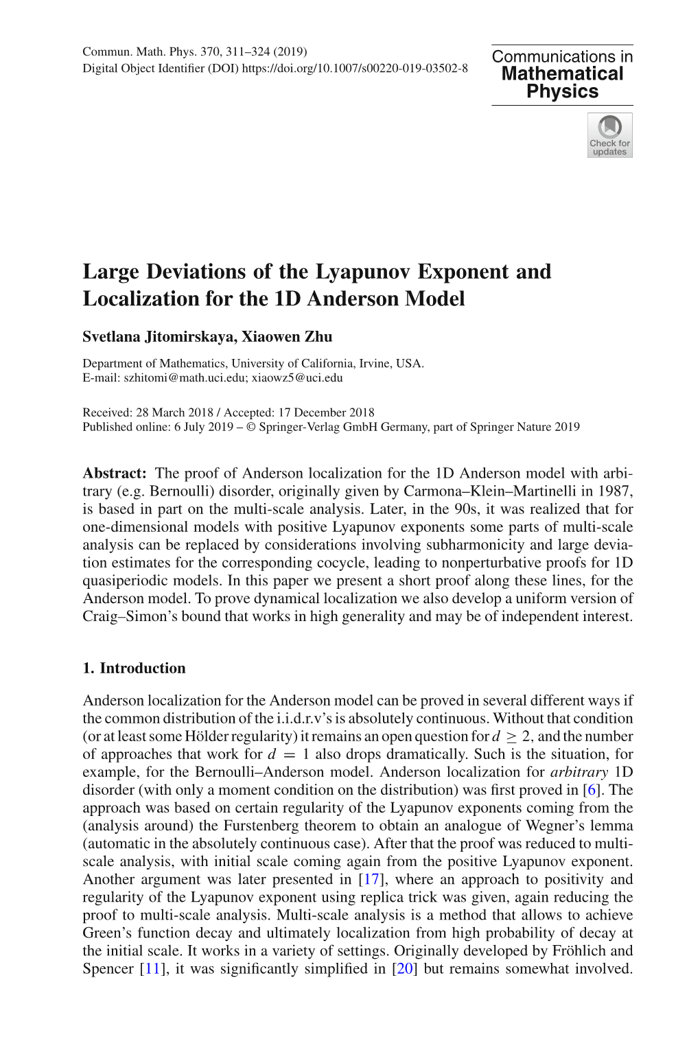 Large Deviations of the Lyapunov Exponent and Localization for the 1D Anderson Model